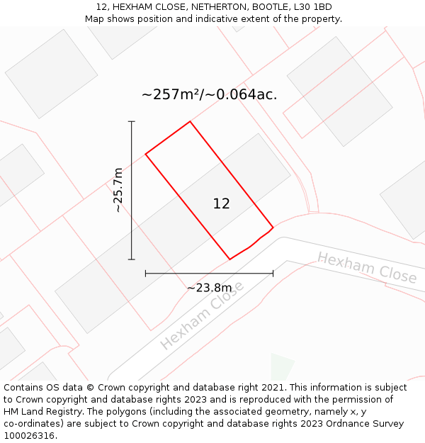 12, HEXHAM CLOSE, NETHERTON, BOOTLE, L30 1BD: Plot and title map