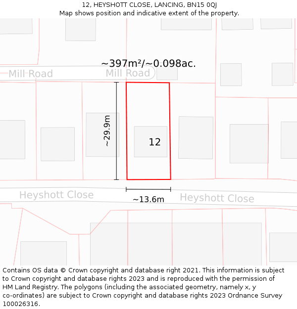 12, HEYSHOTT CLOSE, LANCING, BN15 0QJ: Plot and title map