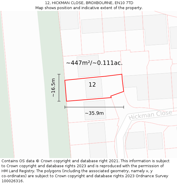 12, HICKMAN CLOSE, BROXBOURNE, EN10 7TD: Plot and title map