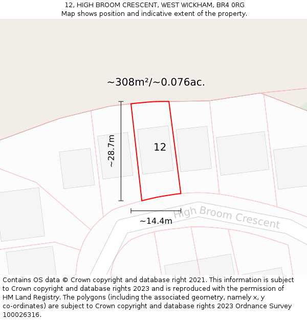 12, HIGH BROOM CRESCENT, WEST WICKHAM, BR4 0RG: Plot and title map
