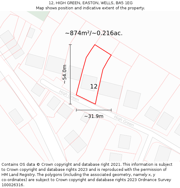 12, HIGH GREEN, EASTON, WELLS, BA5 1EG: Plot and title map