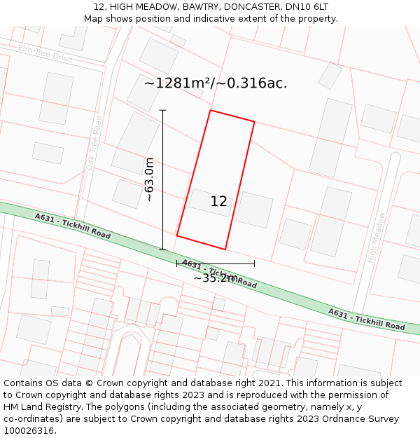 12, HIGH MEADOW, BAWTRY, DONCASTER, DN10 6LT: Plot and title map