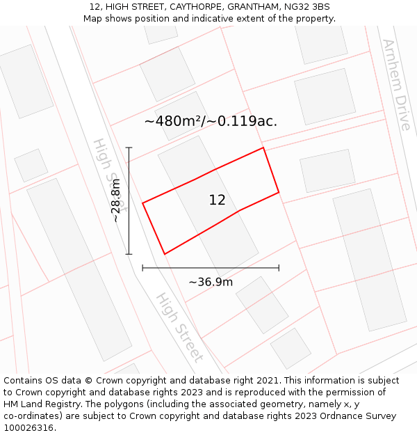 12, HIGH STREET, CAYTHORPE, GRANTHAM, NG32 3BS: Plot and title map