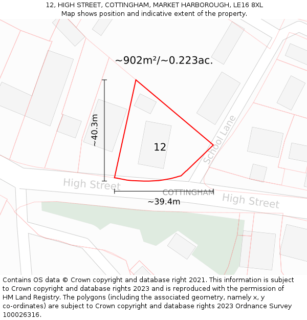 12, HIGH STREET, COTTINGHAM, MARKET HARBOROUGH, LE16 8XL: Plot and title map
