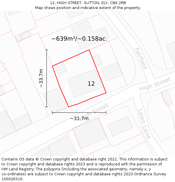 12, HIGH STREET, SUTTON, ELY, CB6 2RB: Plot and title map