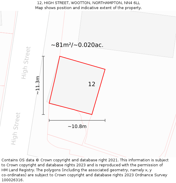 12, HIGH STREET, WOOTTON, NORTHAMPTON, NN4 6LL: Plot and title map