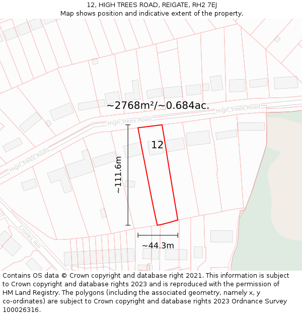 12, HIGH TREES ROAD, REIGATE, RH2 7EJ: Plot and title map
