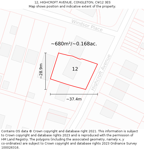 12, HIGHCROFT AVENUE, CONGLETON, CW12 3ES: Plot and title map