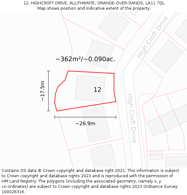 12, HIGHCROFT DRIVE, ALLITHWAITE, GRANGE-OVER-SANDS, LA11 7QL: Plot and title map