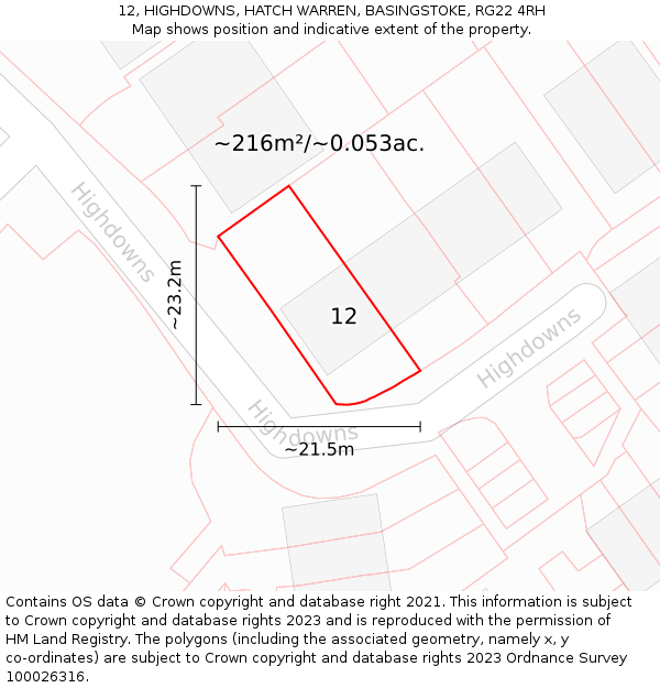 12, HIGHDOWNS, HATCH WARREN, BASINGSTOKE, RG22 4RH: Plot and title map