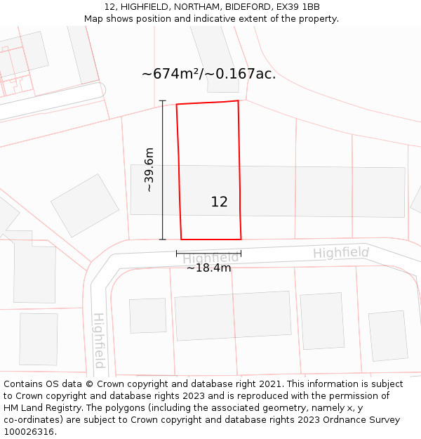 12, HIGHFIELD, NORTHAM, BIDEFORD, EX39 1BB: Plot and title map