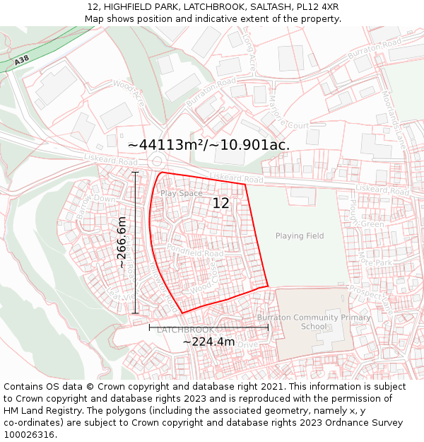 12, HIGHFIELD PARK, LATCHBROOK, SALTASH, PL12 4XR: Plot and title map