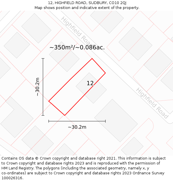 12, HIGHFIELD ROAD, SUDBURY, CO10 2QJ: Plot and title map
