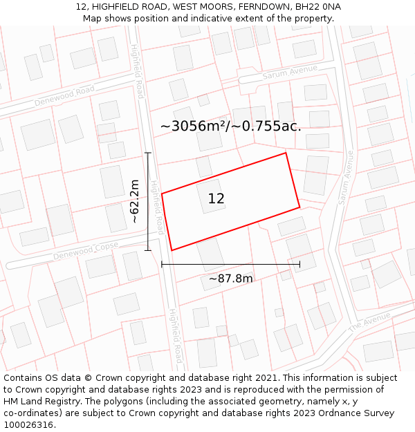 12, HIGHFIELD ROAD, WEST MOORS, FERNDOWN, BH22 0NA: Plot and title map