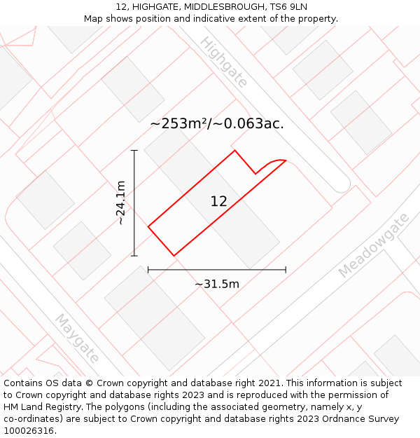 12, HIGHGATE, MIDDLESBROUGH, TS6 9LN: Plot and title map