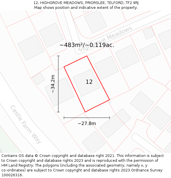 12, HIGHGROVE MEADOWS, PRIORSLEE, TELFORD, TF2 9RJ: Plot and title map