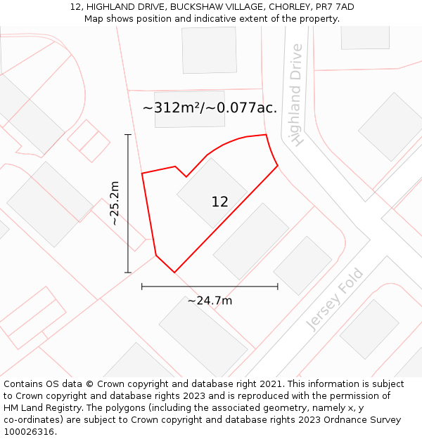 12, HIGHLAND DRIVE, BUCKSHAW VILLAGE, CHORLEY, PR7 7AD: Plot and title map