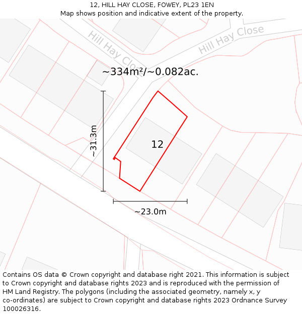 12, HILL HAY CLOSE, FOWEY, PL23 1EN: Plot and title map