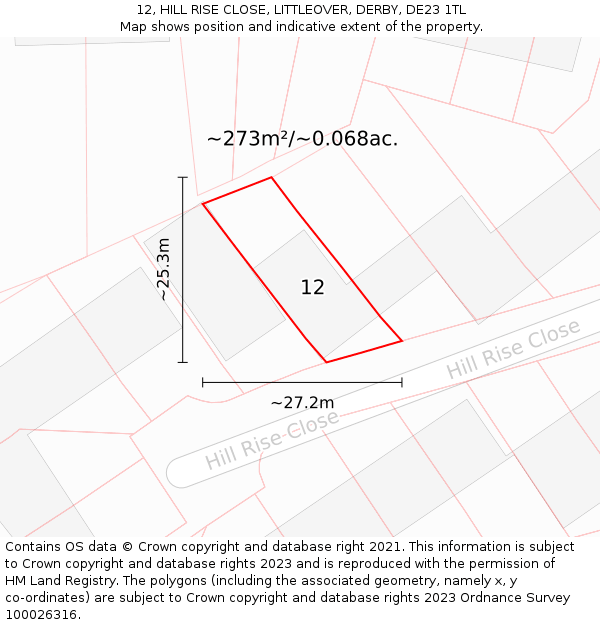 12, HILL RISE CLOSE, LITTLEOVER, DERBY, DE23 1TL: Plot and title map