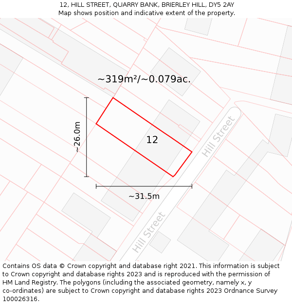 12, HILL STREET, QUARRY BANK, BRIERLEY HILL, DY5 2AY: Plot and title map