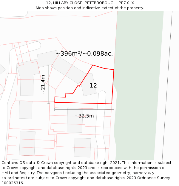 12, HILLARY CLOSE, PETERBOROUGH, PE7 0LX: Plot and title map