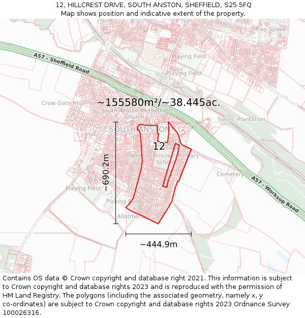12, HILLCREST DRIVE, SOUTH ANSTON, SHEFFIELD, S25 5FQ: Plot and title map
