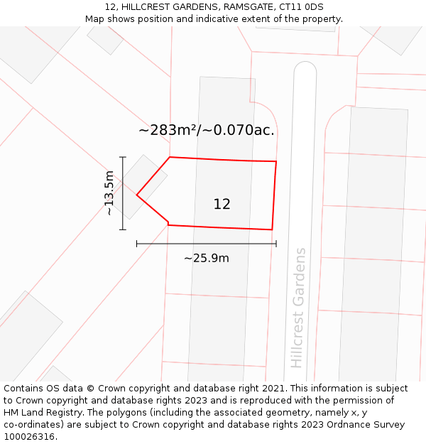 12, HILLCREST GARDENS, RAMSGATE, CT11 0DS: Plot and title map