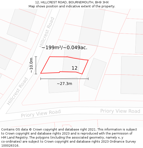 12, HILLCREST ROAD, BOURNEMOUTH, BH9 3HX: Plot and title map