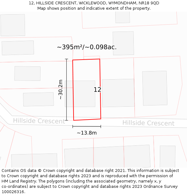 12, HILLSIDE CRESCENT, WICKLEWOOD, WYMONDHAM, NR18 9QD: Plot and title map
