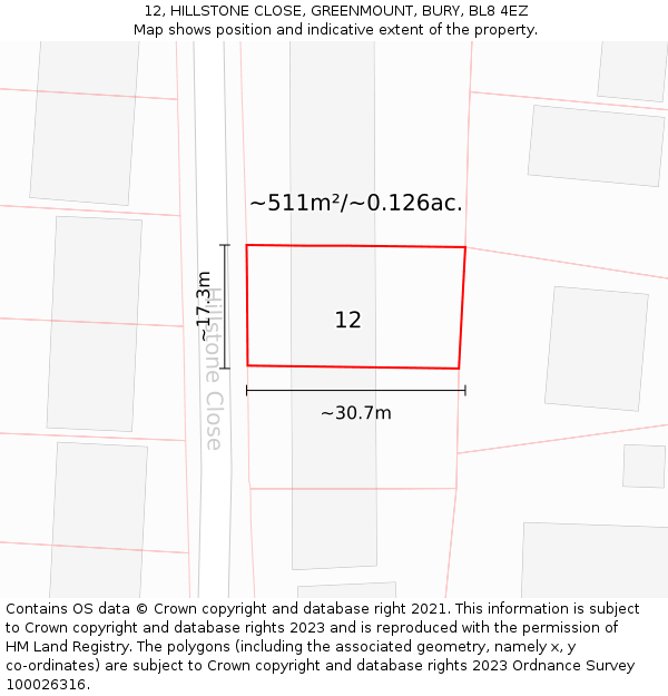 12, HILLSTONE CLOSE, GREENMOUNT, BURY, BL8 4EZ: Plot and title map