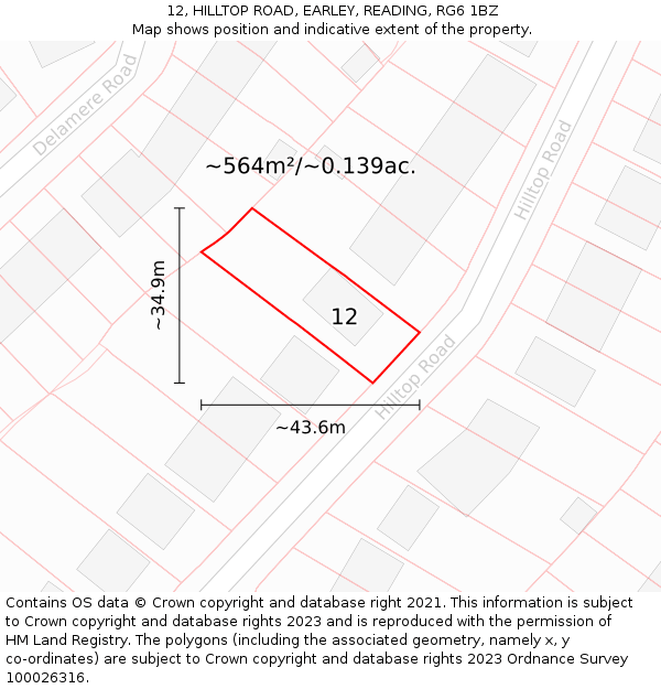 12, HILLTOP ROAD, EARLEY, READING, RG6 1BZ: Plot and title map