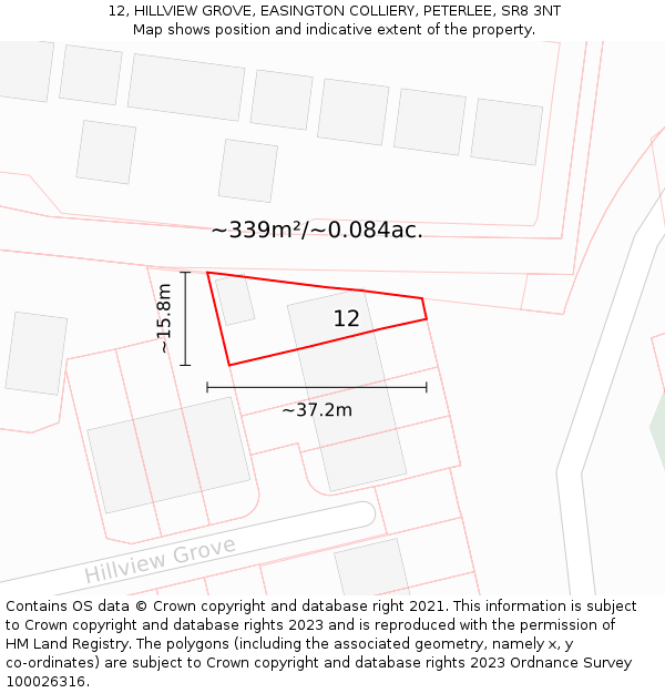 12, HILLVIEW GROVE, EASINGTON COLLIERY, PETERLEE, SR8 3NT: Plot and title map