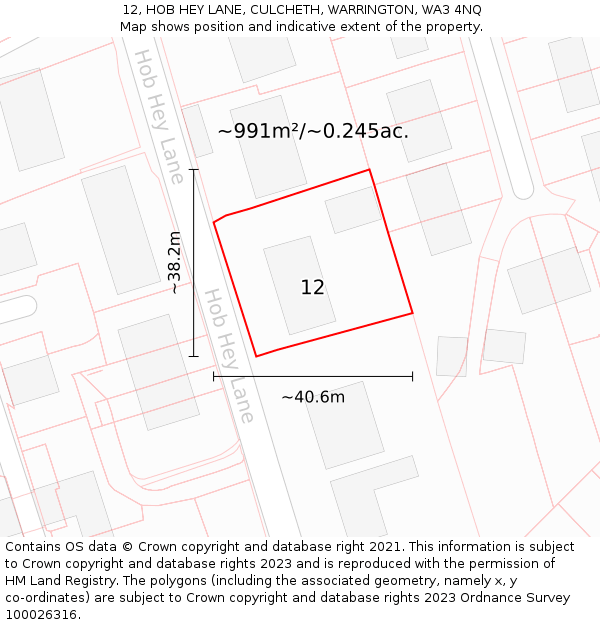 12, HOB HEY LANE, CULCHETH, WARRINGTON, WA3 4NQ: Plot and title map
