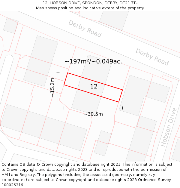 12, HOBSON DRIVE, SPONDON, DERBY, DE21 7TU: Plot and title map