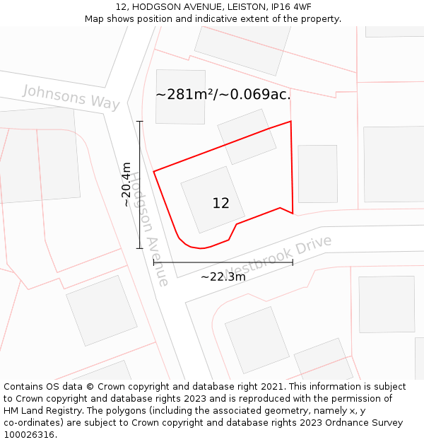 12, HODGSON AVENUE, LEISTON, IP16 4WF: Plot and title map
