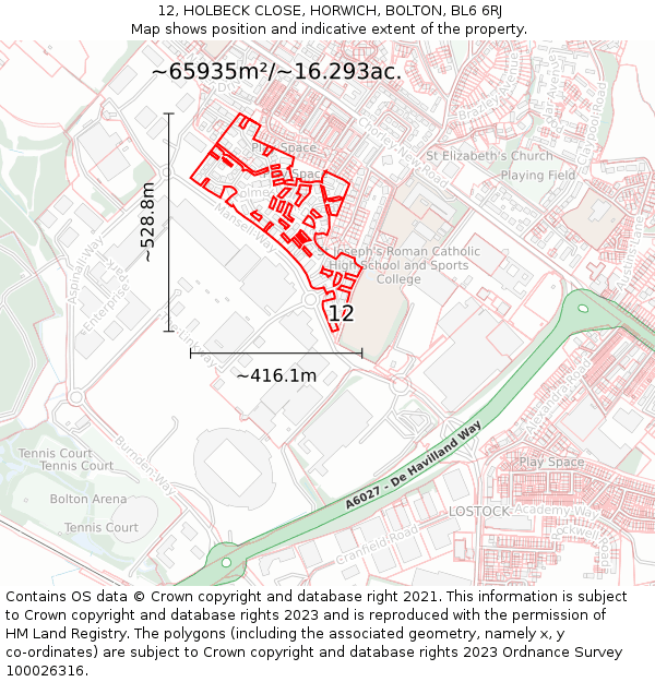 12, HOLBECK CLOSE, HORWICH, BOLTON, BL6 6RJ: Plot and title map