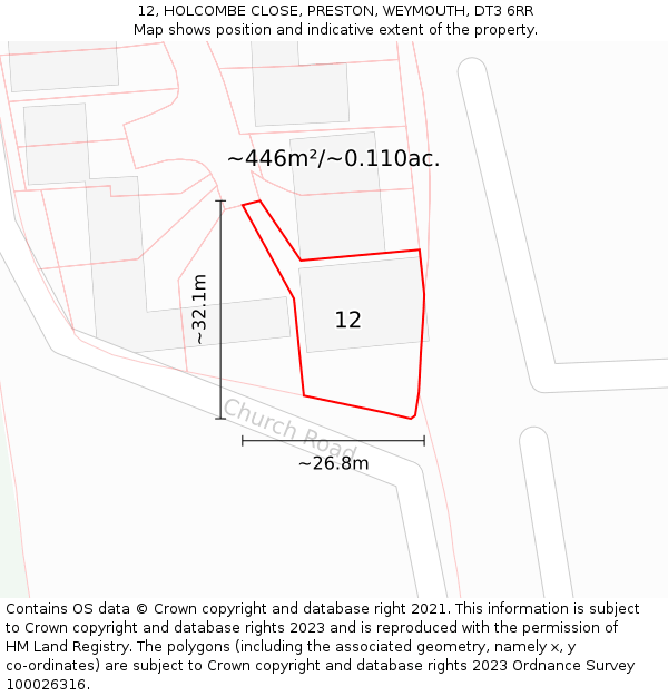 12, HOLCOMBE CLOSE, PRESTON, WEYMOUTH, DT3 6RR: Plot and title map