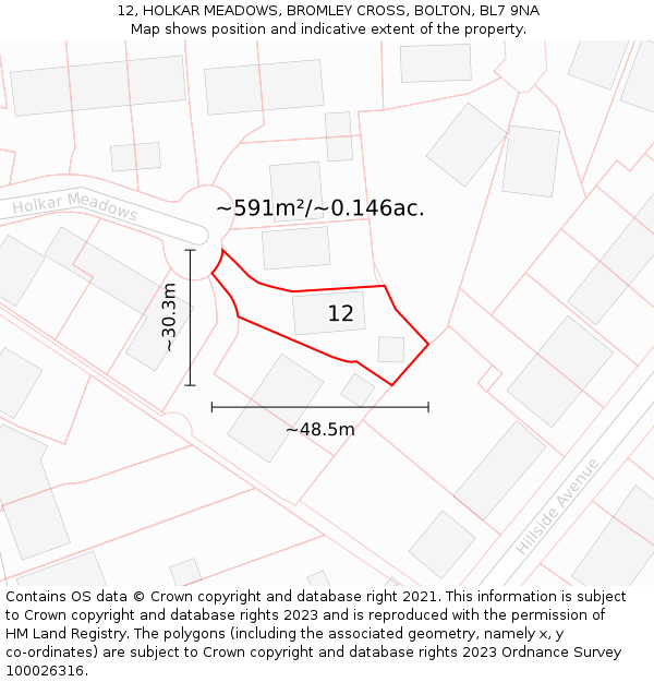 12, HOLKAR MEADOWS, BROMLEY CROSS, BOLTON, BL7 9NA: Plot and title map