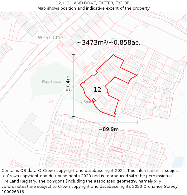 12, HOLLAND DRIVE, EXETER, EX1 3BL: Plot and title map