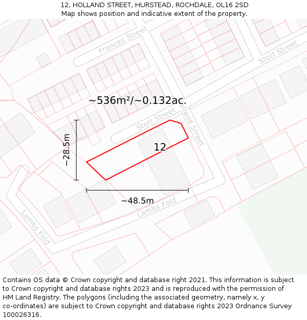 12, HOLLAND STREET, HURSTEAD, ROCHDALE, OL16 2SD: Plot and title map
