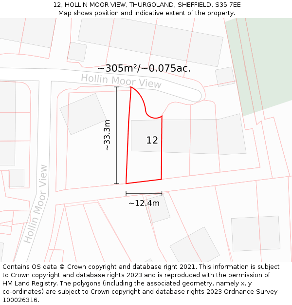 12, HOLLIN MOOR VIEW, THURGOLAND, SHEFFIELD, S35 7EE: Plot and title map