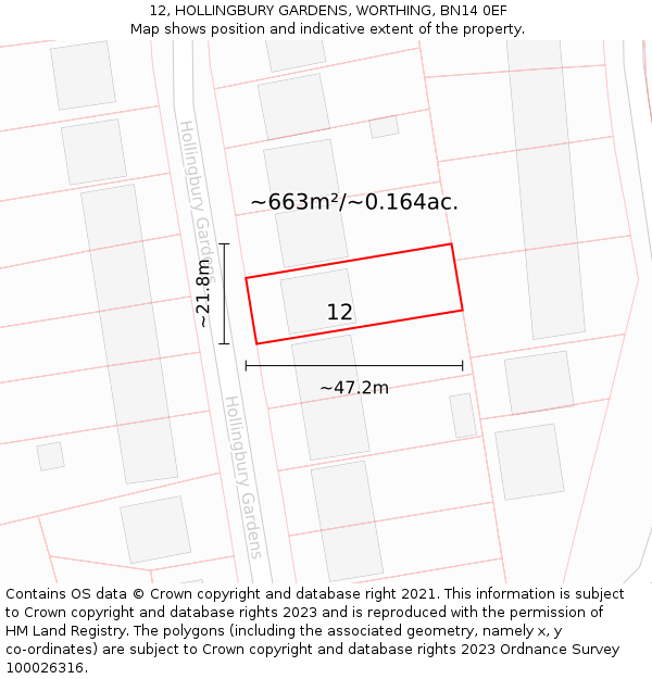 12, HOLLINGBURY GARDENS, WORTHING, BN14 0EF: Plot and title map