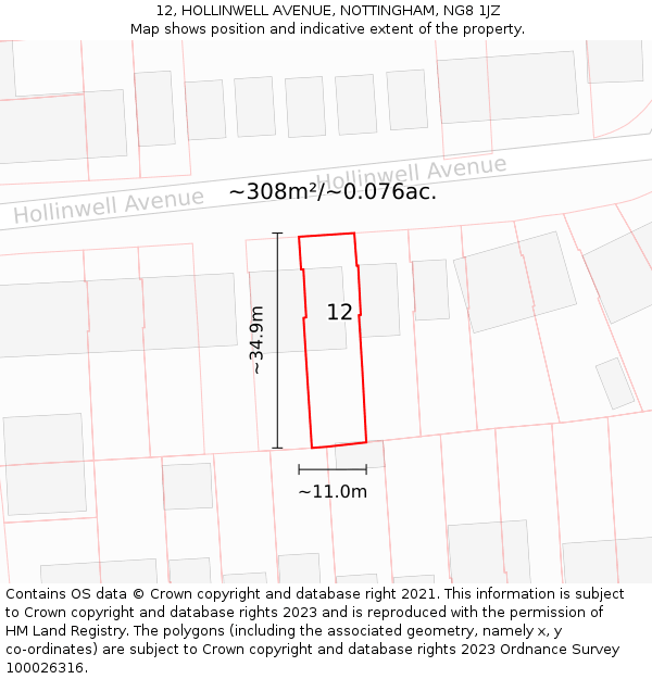 12, HOLLINWELL AVENUE, NOTTINGHAM, NG8 1JZ: Plot and title map
