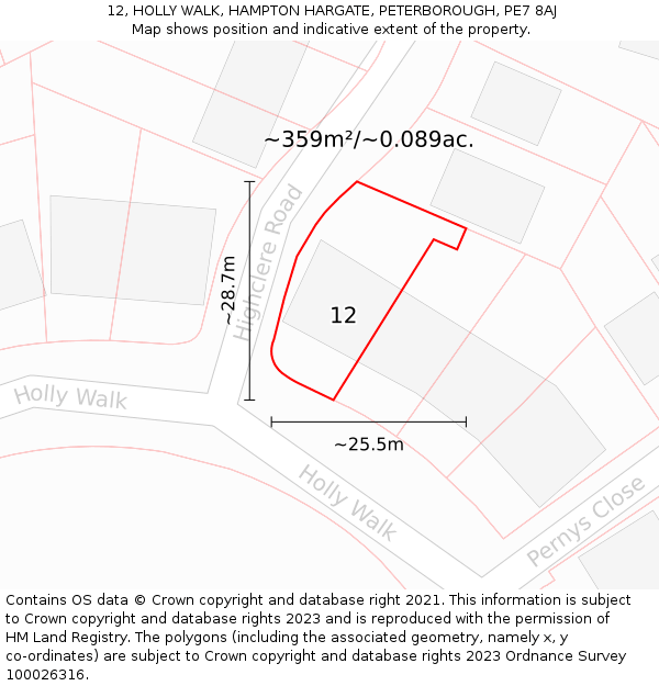 12, HOLLY WALK, HAMPTON HARGATE, PETERBOROUGH, PE7 8AJ: Plot and title map