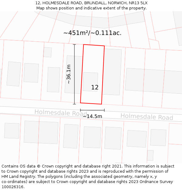 12, HOLMESDALE ROAD, BRUNDALL, NORWICH, NR13 5LX: Plot and title map