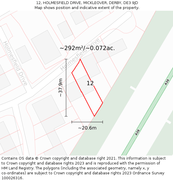 12, HOLMESFIELD DRIVE, MICKLEOVER, DERBY, DE3 9JD: Plot and title map