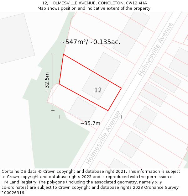 12, HOLMESVILLE AVENUE, CONGLETON, CW12 4HA: Plot and title map