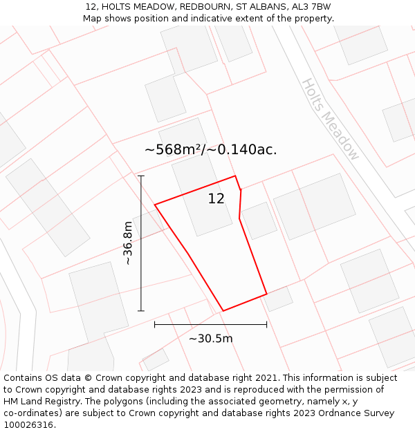 12, HOLTS MEADOW, REDBOURN, ST ALBANS, AL3 7BW: Plot and title map