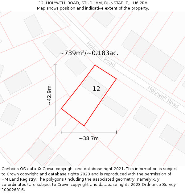 12, HOLYWELL ROAD, STUDHAM, DUNSTABLE, LU6 2PA: Plot and title map