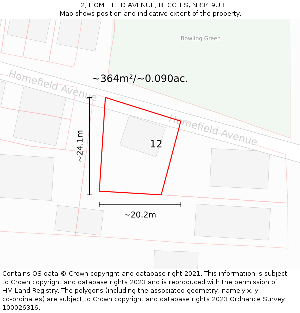 12, HOMEFIELD AVENUE, BECCLES, NR34 9UB: Plot and title map